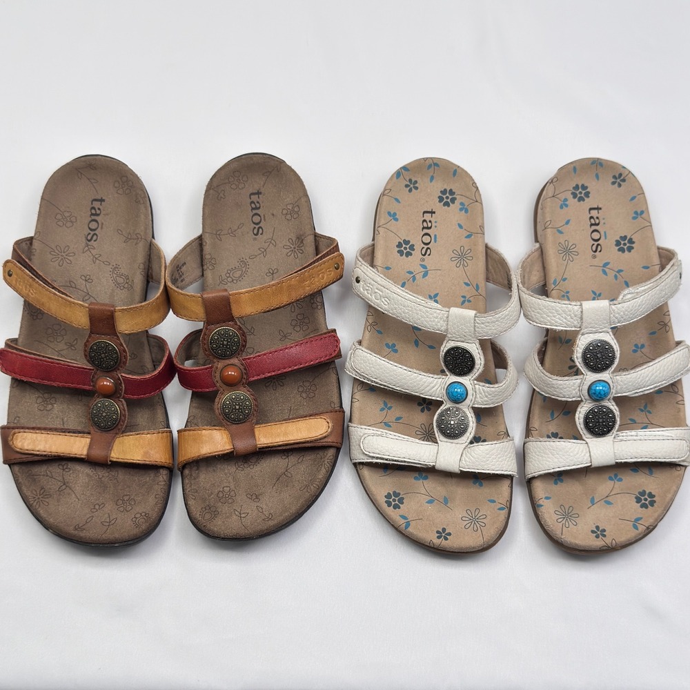 Taos Prize Leather Strappy Slide Sandals Bundle 2 Pairs White Multi Size 6/37